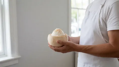 Serveur tenant une glace coco dans sa coquille dans une boutique aux murs clairs, offrant un espace pour le texte.