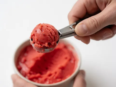 Une main tient une cuillère métallique remplie de glace à la fraise sur un fond blanc uni, mettant en valeur la texture et la couleur vive du dessert.