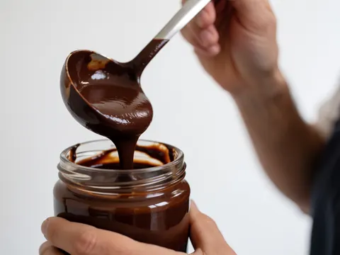 Mains utilisant une cuillère en métal pour prélever une ganache au chocolat épaisse dans un bocal en verre sur fond blanc, détail pour une glacier.
