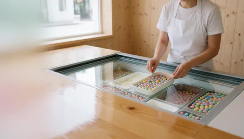Une serveuse place des portions de praliné colorées dans un présentoir réfrigéré en bois clair éclairé par la lumière naturelle.