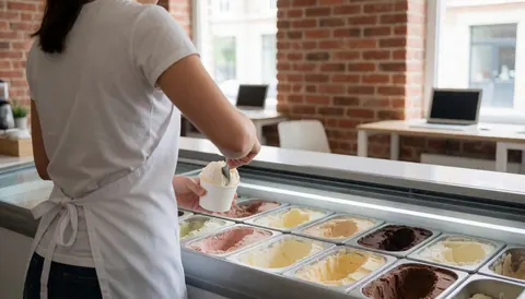 Employé servant de la glace dans une glacerie avec un congélateur à saveurs et un mur en briques.