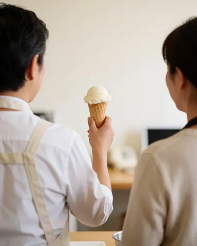 Un serveur en tenue professionnelle tend un cône de glace à un client dans une boutique aux murs blancs, mettant en valeur le service et la qualité.