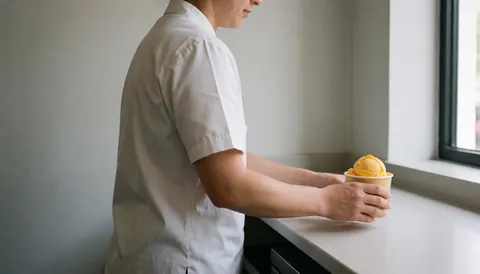 Un serveur dépose une glace à la passion dans un verre sur un comptoir blanc, baigné de lumière naturelle avec des murs gris clair en arrière-plan.