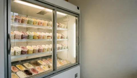 Réfrigérateur à glaces contenant des tubes et seaux colorés sur fond blanc, idéal pour une boutique de glaces ou de pâtisserie.
