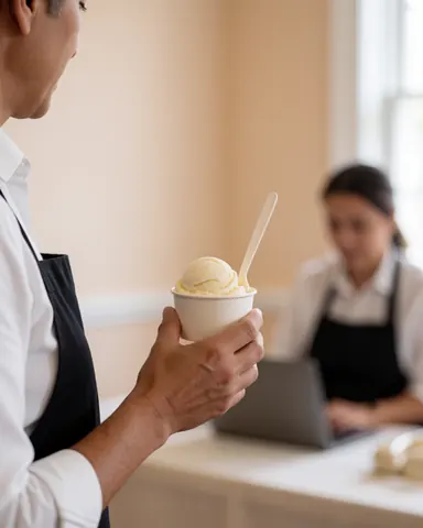 Une cliente reçoit son verre de glace des mains d'un serveur portant un tablier, dans une boutique aux murs beiges.