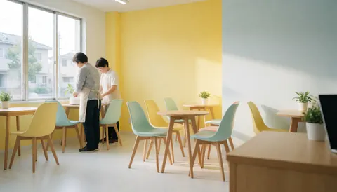 Intérieur chaleureux d'une glacerie avec tables en bois, chaises pastel, murs jaunes et lumière naturelle entrant par la fenêtre.
