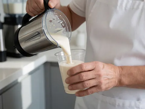 Main d'un barista versant un milk-shake crémeux depuis un mixeur en acier inoxydable dans un gobelet en plastique, sur un comptoir de heladeria.