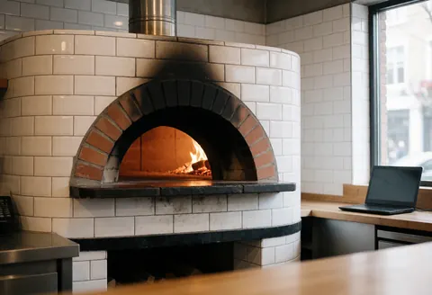 Four de pizzeria avec flammes visibles, carreaux blancs et lumière naturelle, idéal pour les restaurants et la cuisine professionnelle.