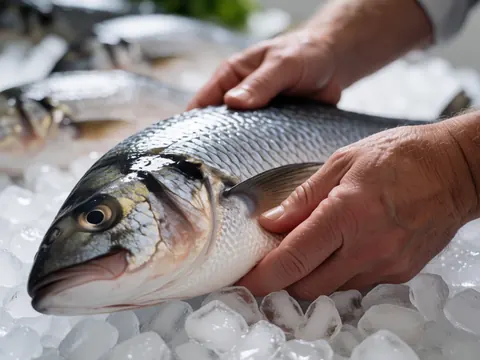 Des mains tenant un poisson entier sur de la glace, avec d'autres poissons flous en arrière-plan, idéal pour une restaurant de fruits de mer.
