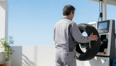 Un mécanicien en uniforme gris place un pneu noir sur une machine d'équilibrage à l'extérieur sous un ciel bleu clair.