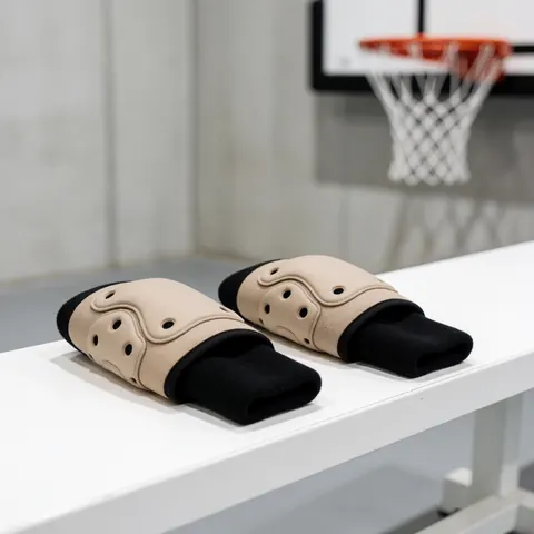Deux protège-coudes beige à doublure noire posés sur un banc blanc dans un gymnase avec un panier de basket flou en arrière-plan.