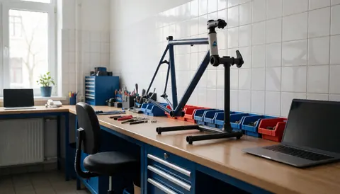 Cadre de vélo posé sur un support dans un atelier, entouré d'outils et de boîtes de composants, sur fond de murs carrelés blancs, dans un environnement professionnel et ordonné.